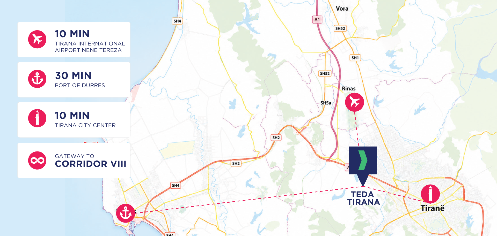 Map showing TEDA Tirana's strategic location near Tirana Airport, the Port of Durrës and Tirana city centre